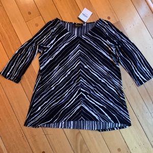 Bob Mackie Wearable Art tunic black with grey, white &violet design size L